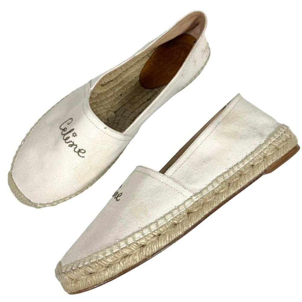 CELINE Embroidered Logo Triomphe Flat Espadrilles Canvas Cream Size 40 US 10